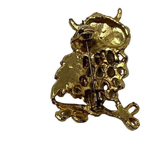 Owl Brooch Clear Rhinestone Eyes Filigree Gold Tone Vintage Pin - Picture 7 of 8